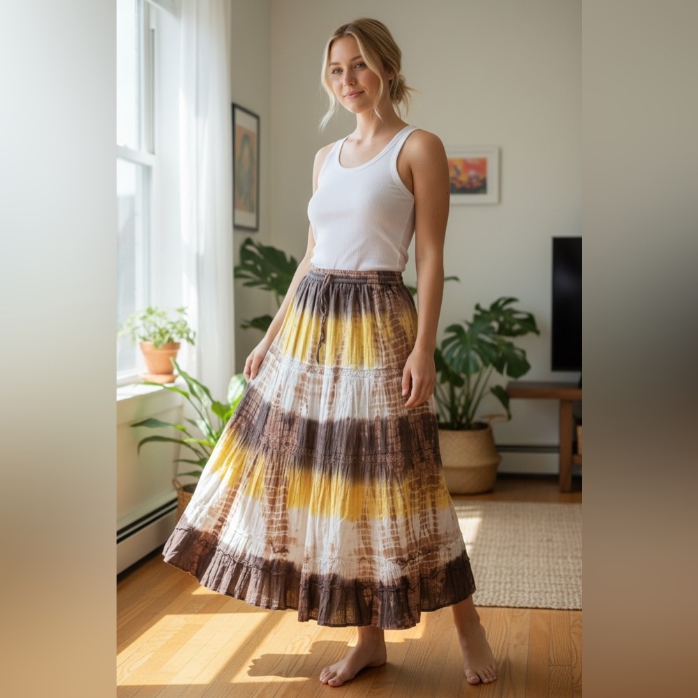 Bohemian brown, white and yellow tie-dye skirt size M